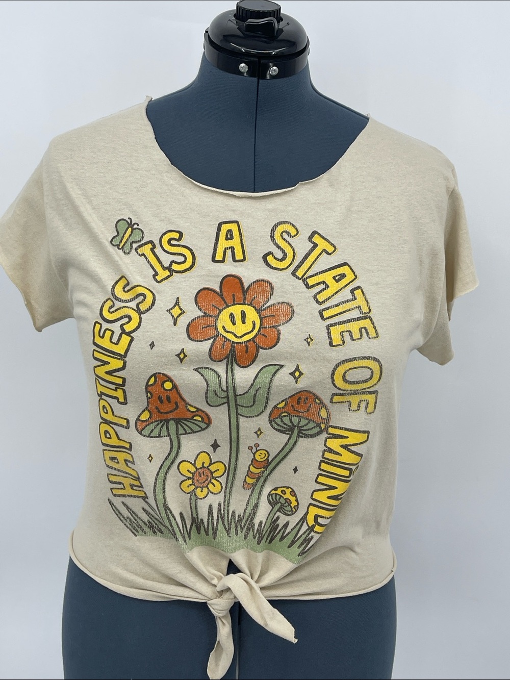 DOM SIZE S Women’s Cream Graphic Tie-Front Tee - Happiness Is A State Of Mind